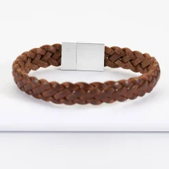 Bracelet homme personnalisé cuir tressé fermoir gravé acier 15x15 mm - Nos petits imparfaits