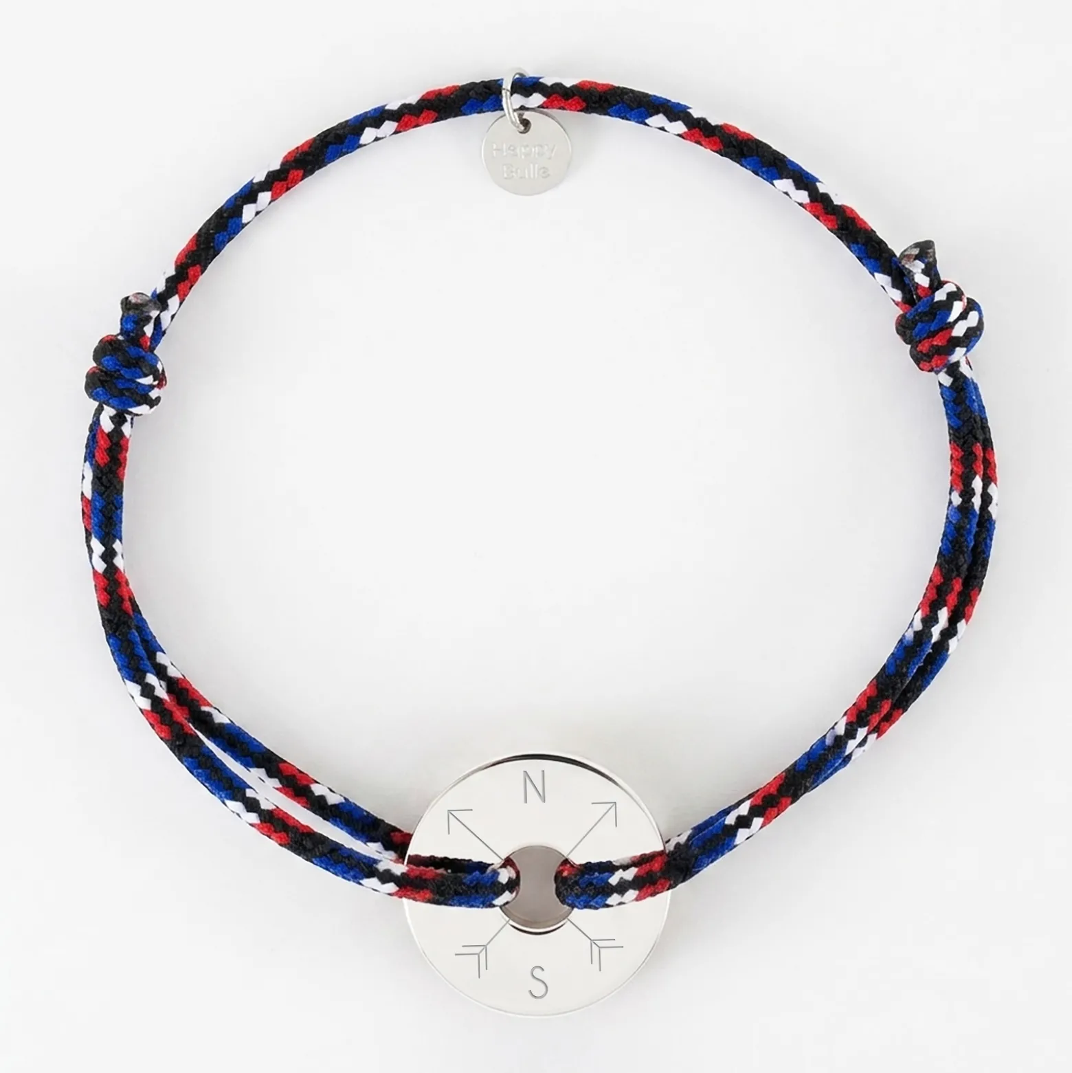 Bracelet homme personnalisé cordage BLEU BLANC ROUGE médaille gravée argent cible 20 mm
