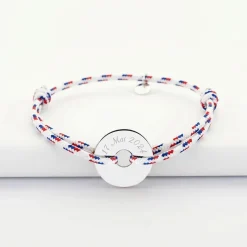 Bracelet homme personnalisé cordage BLEU BLANC ROUGE médaille gravée argent cible 20 mm