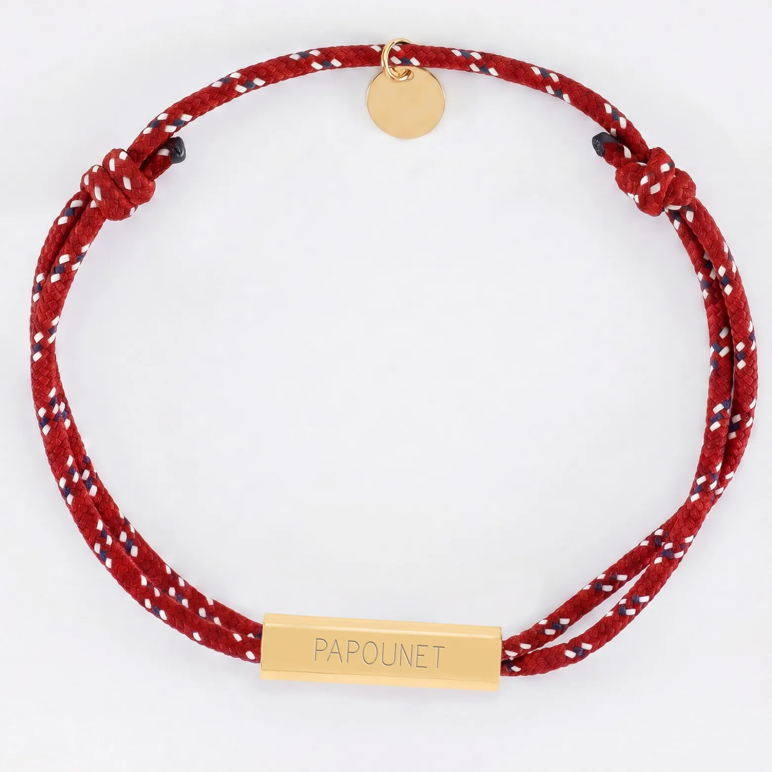 Bracelet homme personnalisé cordage marin double médaille gravée acier doré cube rectangulaire 25x5x5 mm
