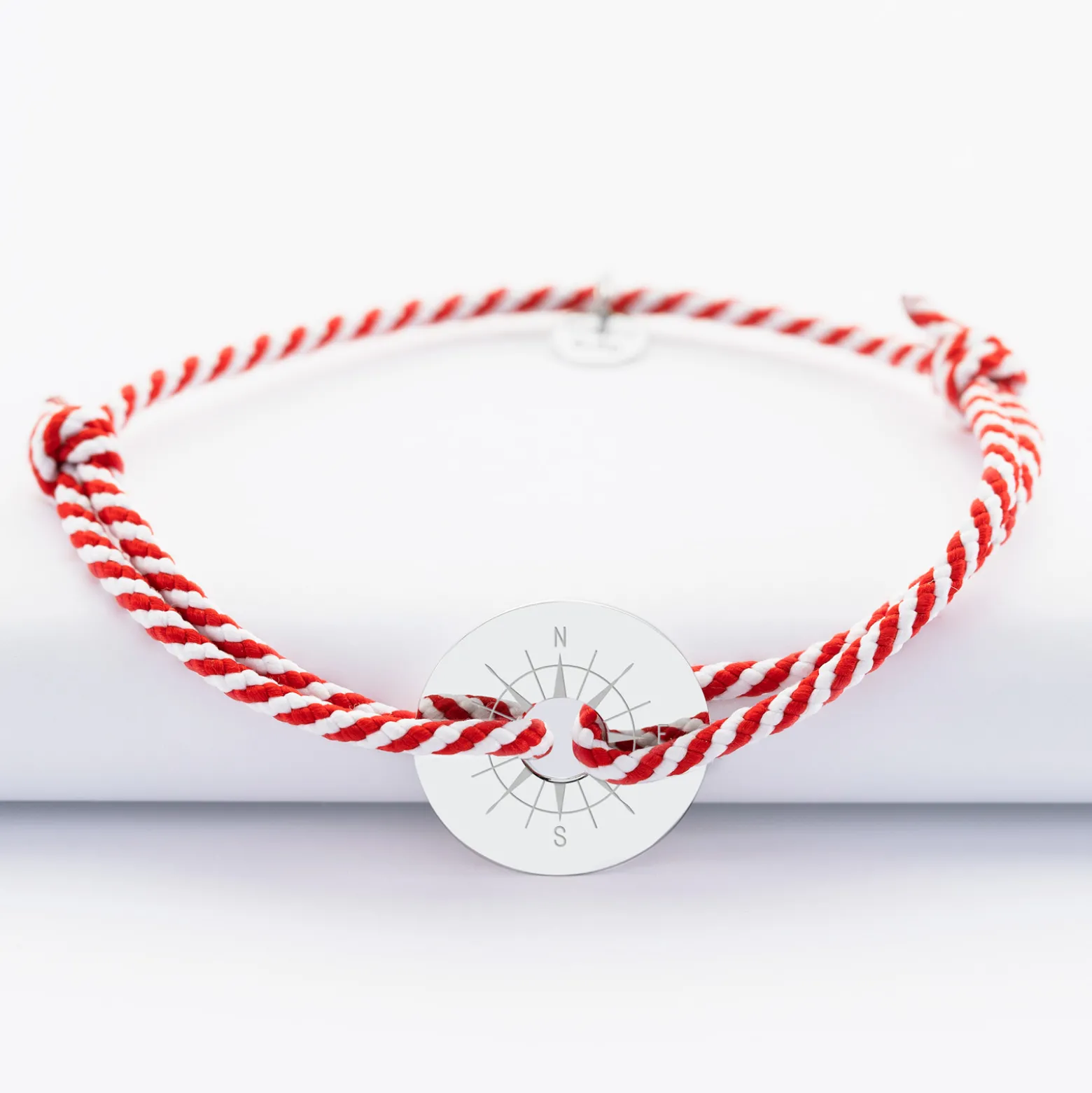 Bracelet homme personnalisé cordon tressé marin médaille gravée argent cible 20 mm - Edition spéciale Rose des vents