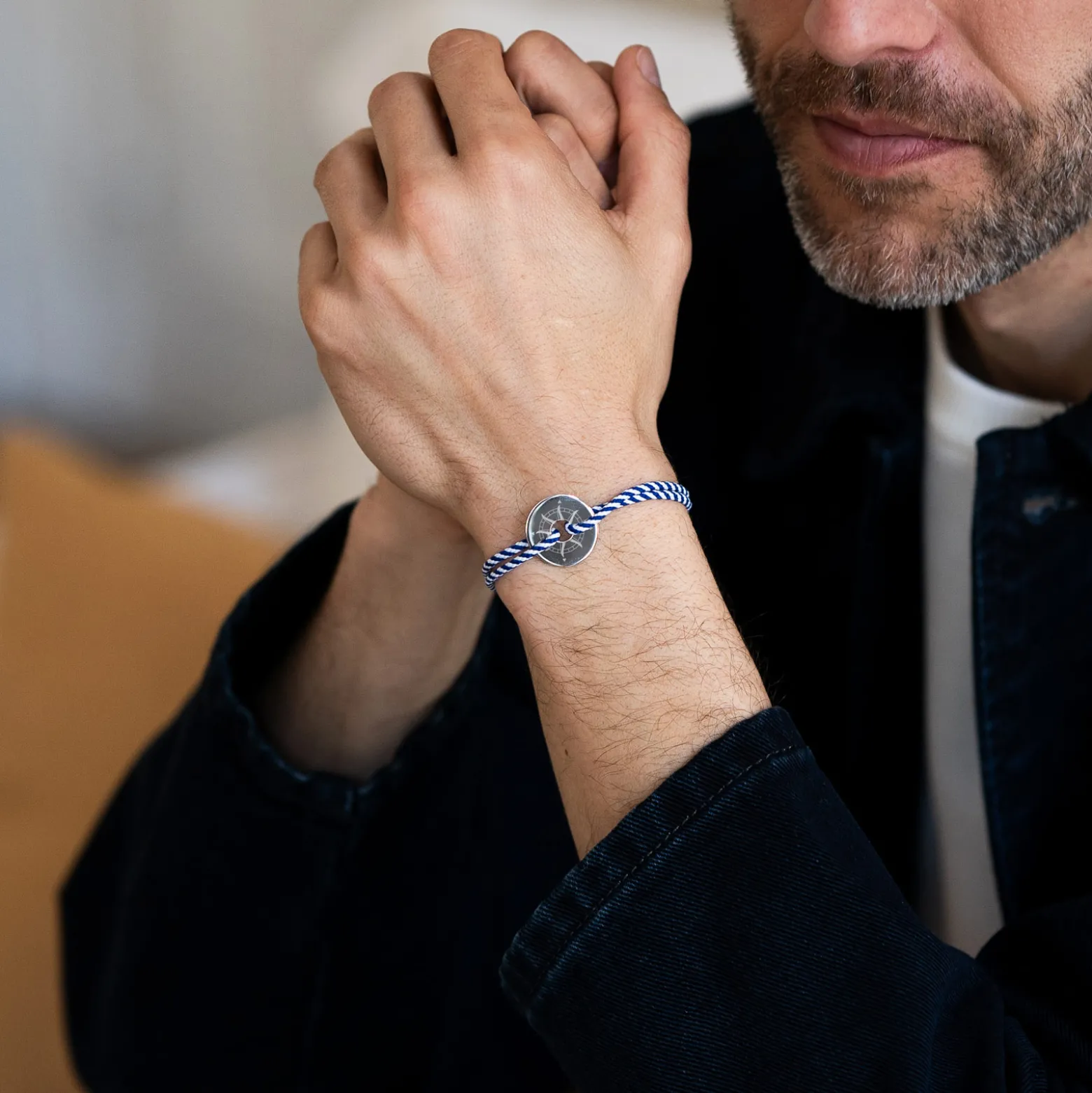 Bracelet homme personnalisé cordon tressé marin médaille gravée argent cible 20 mm - Edition spéciale Rose des vents