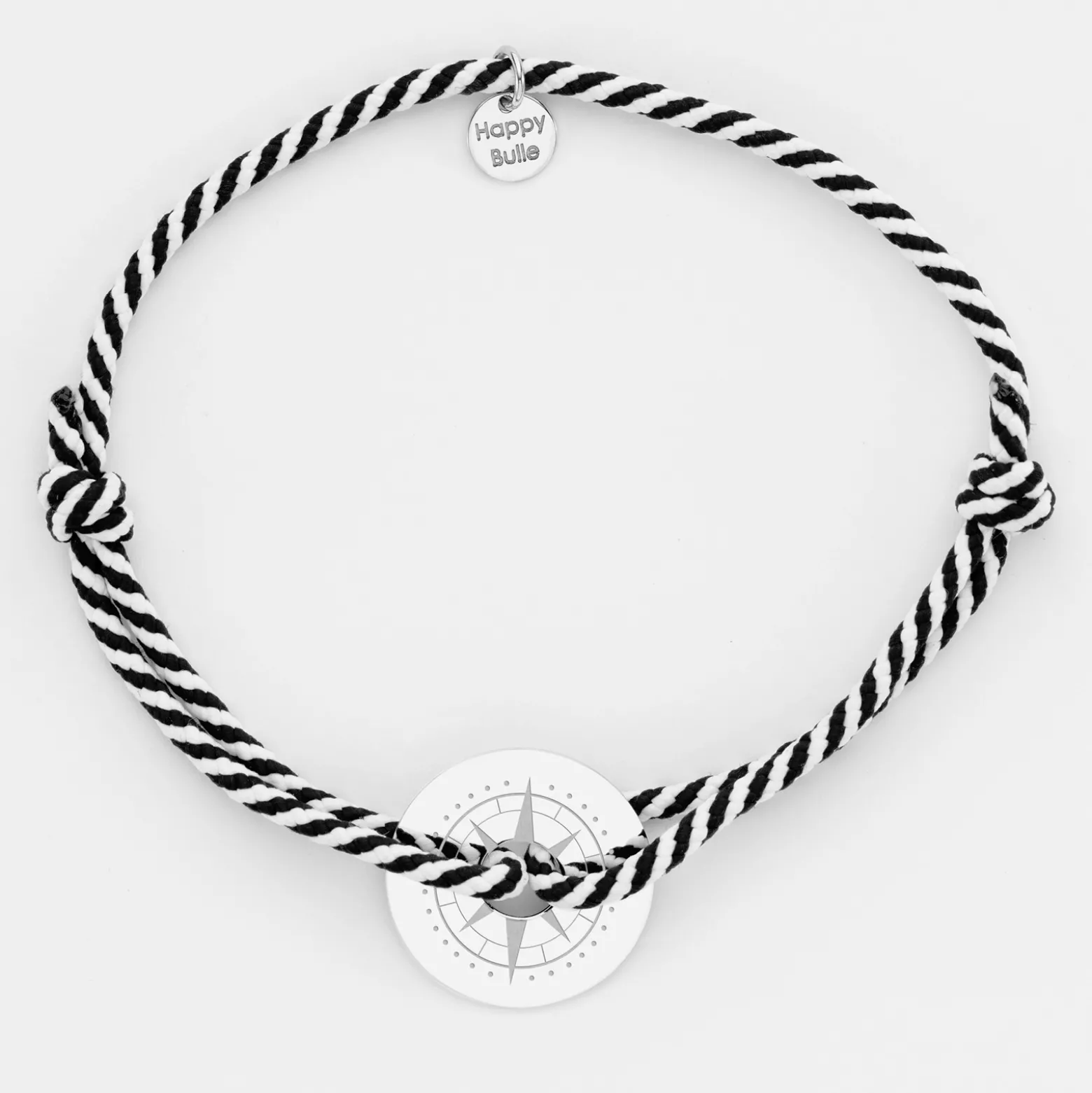 Bracelet homme personnalisé cordon tressé marin médaille gravée argent cible 20 mm - Edition spéciale Rose des vents