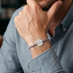 Bracelet homme personnalisé cordage BLEU BLANC ROUGE médaille gravée argent 2 trous 20 mm