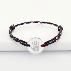 Bracelet homme personnalisé cordage BLEU BLANC ROUGE médaille gravée argent 2 trous 20 mm