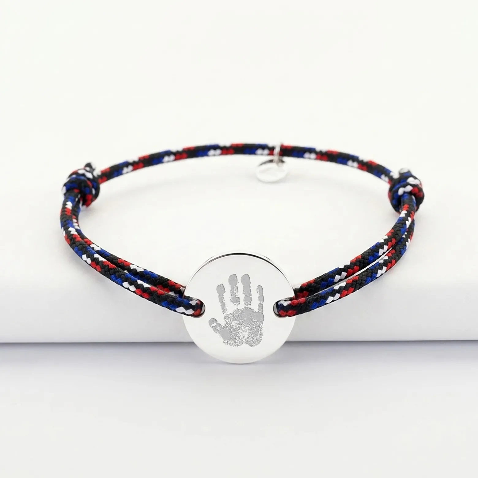 Bracelet homme personnalisé cordage BLEU BLANC ROUGE médaille gravée argent 2 trous 20 mm