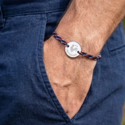 Bracelet homme personnalisé cordage BLEU BLANC ROUGE médaille gravée argent 2 trous 20 mm