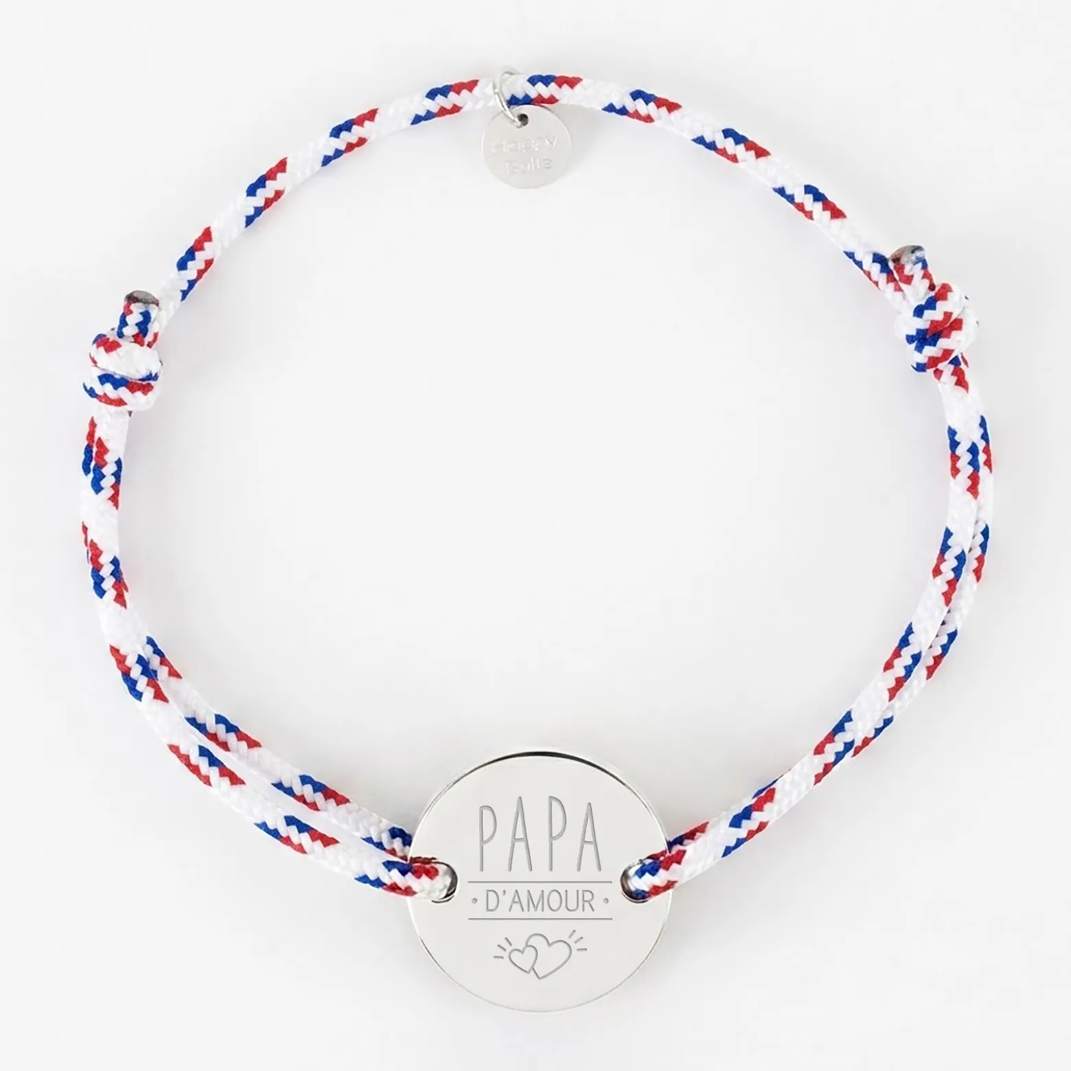 Bracelet homme personnalisé cordage BLEU BLANC ROUGE médaille gravée argent 2 trous 20 mm