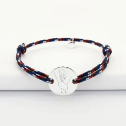 Bracelet homme personnalisé cordage BLEU BLANC ROUGE médaille gravée argent 2 trous 20 mm