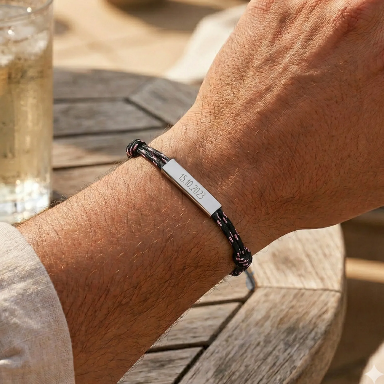Bracelet homme personnalisé cordage marin double médaille gravée acier cube rectangulaire 25x5x5 mm