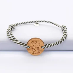 Bracelet homme personnalisé cordon marin tressé médaille gravée bois ronde 2 trous 21 mm