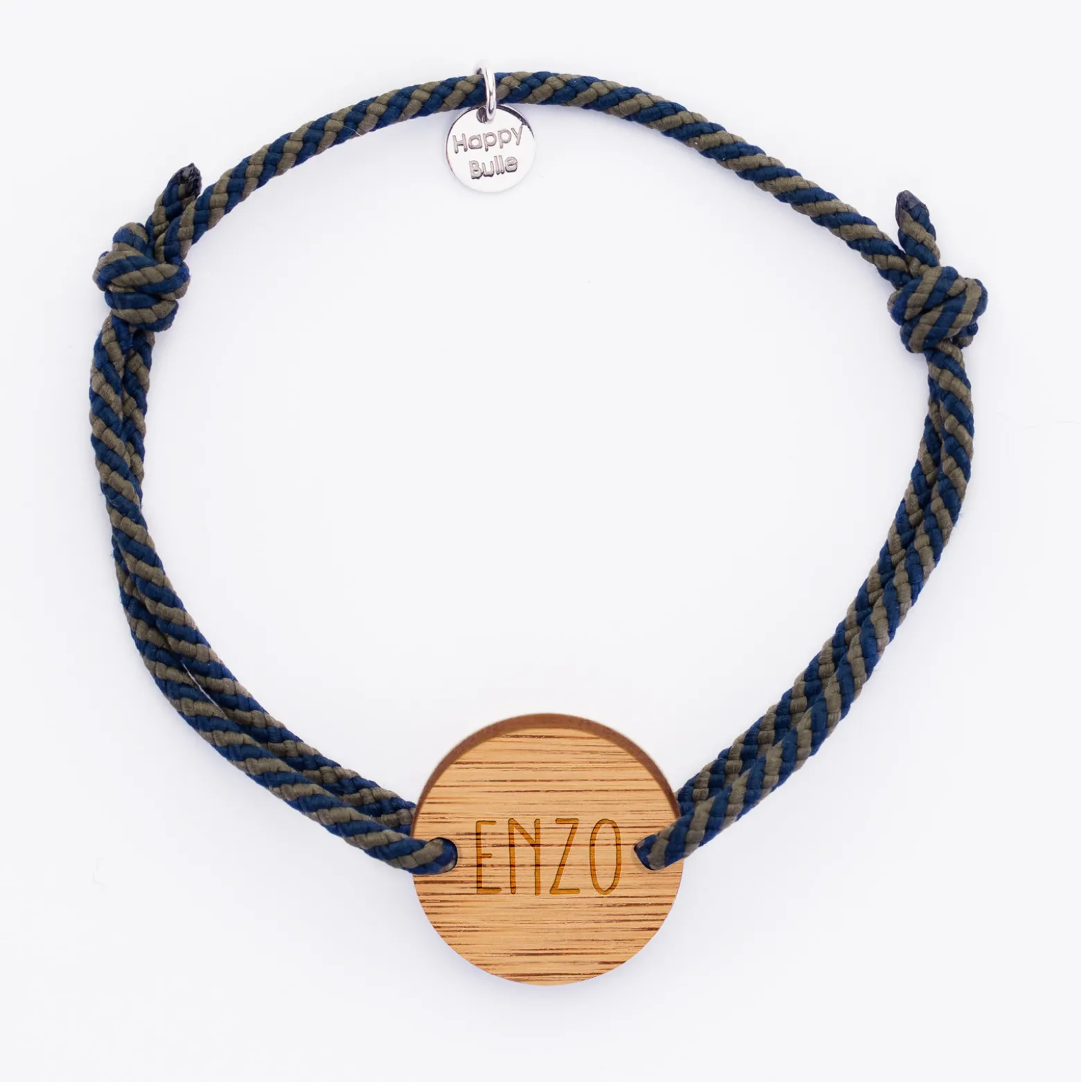 Bracelet homme personnalisé cordon marin tressé médaille gravée bois ronde 2 trous 21 mm