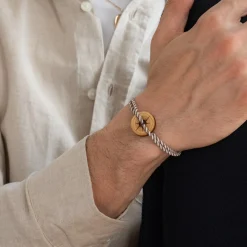 Bracelet homme personnalisé cordon marin tressé médaille gravée bois cible ronde 21 mm - Edition spéciale Rose des vents