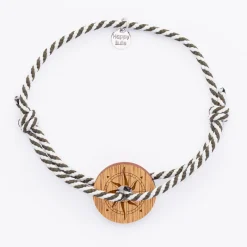 Bracelet homme personnalisé cordon marin tressé médaille gravée bois cible ronde 21 mm - Edition spéciale Rose des vents