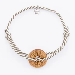 Bracelet homme personnalisé cordon marin tressé médaille gravée bois cible ronde 21 mm - Edition spéciale Rose des vents