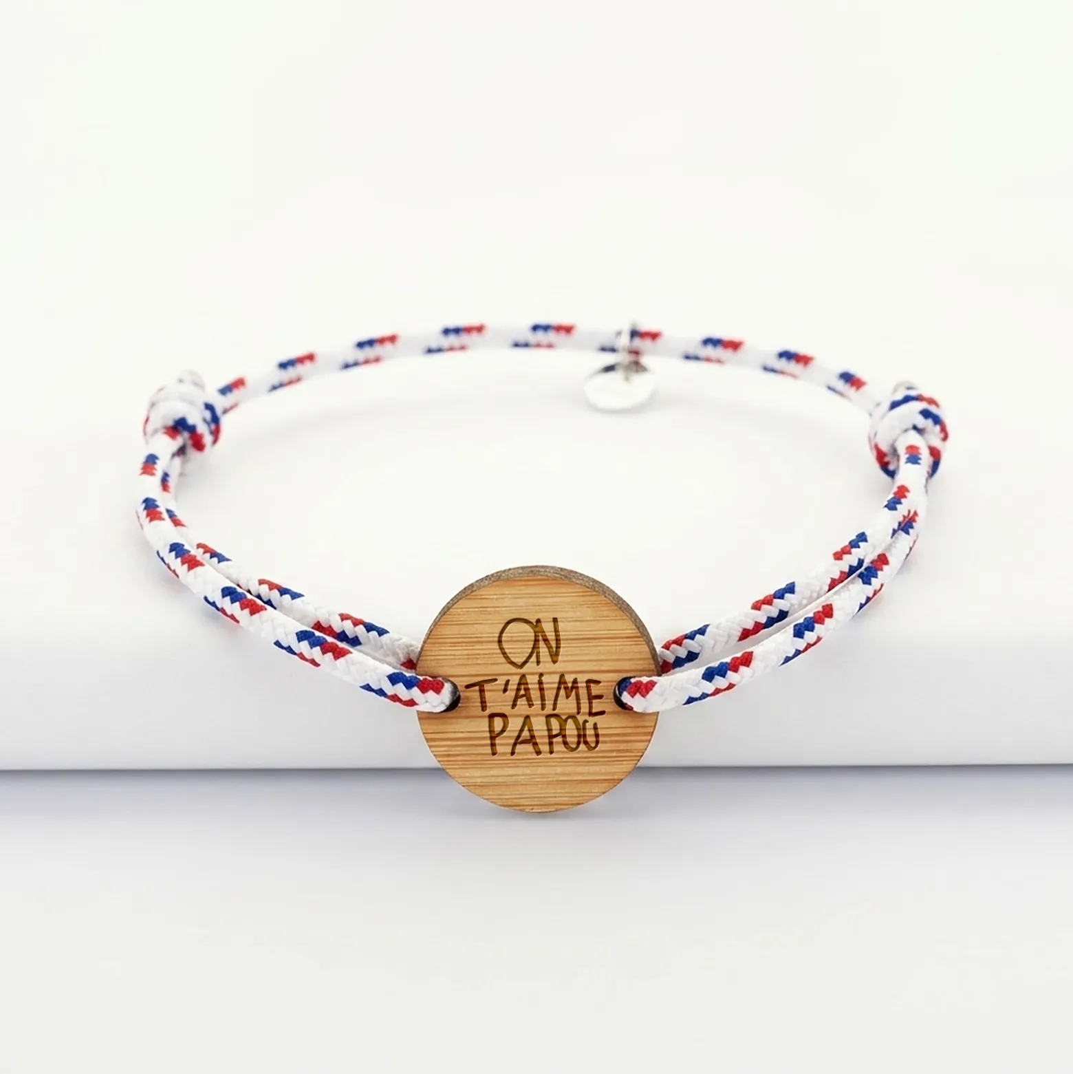Bracelet homme personnalisé cordage BLEU BLANC ROUGE médaille gravée bois ronde 2 trous 21 mm