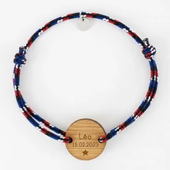 Bracelet homme personnalisé cordage BLEU BLANC ROUGE médaille gravée bois ronde 2 trous 21 mm