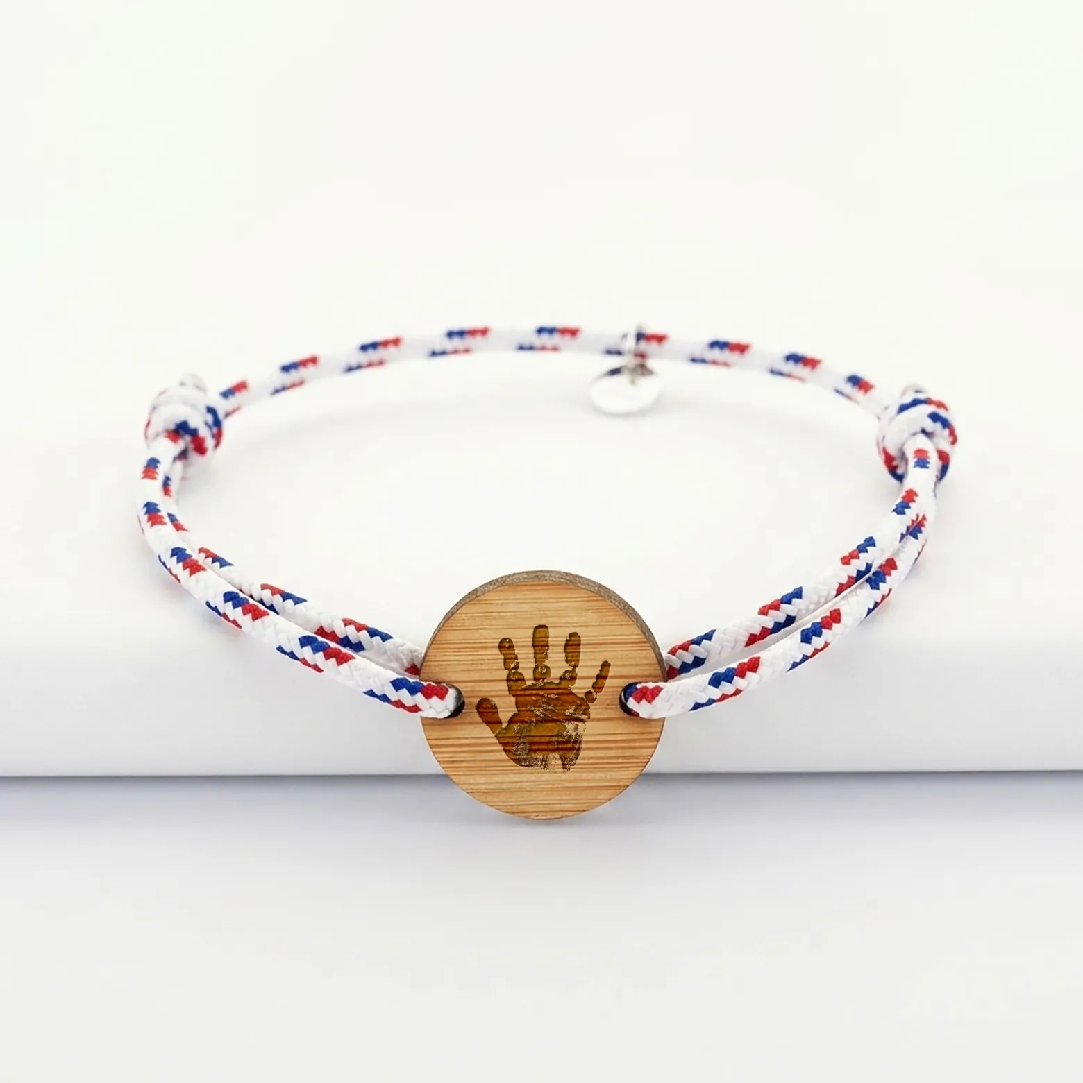 Bracelet homme personnalisé cordage BLEU BLANC ROUGE médaille gravée bois ronde 2 trous 21 mm