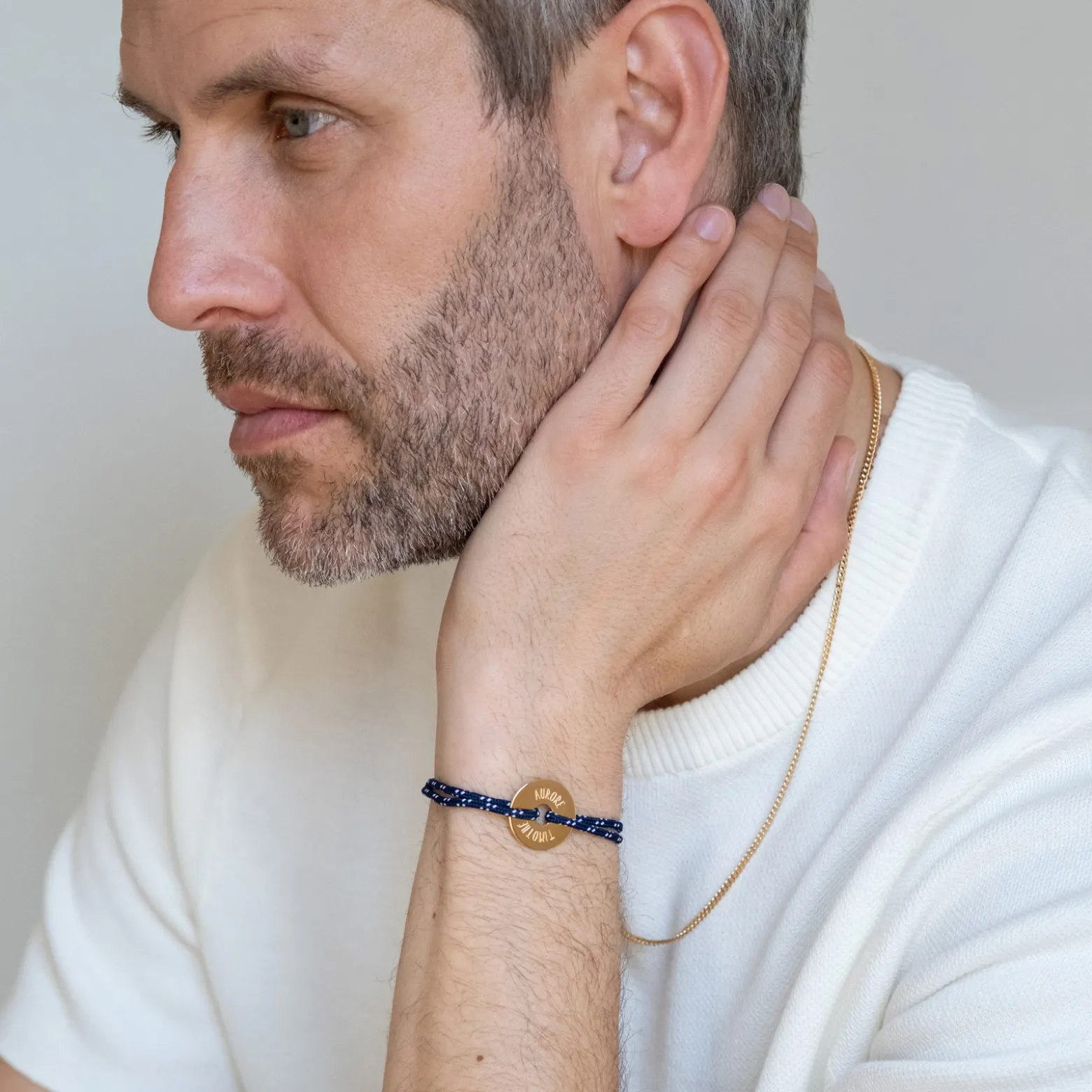 Bracelet homme personnalisé cordage marin simple médaille gravée plaqué or cible 20 mm
