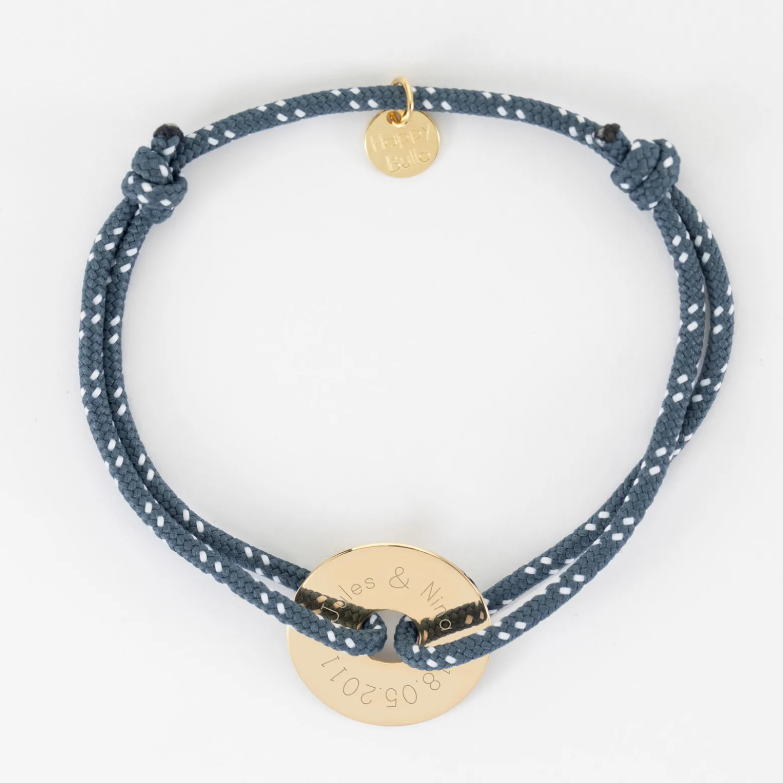 Bracelet homme personnalisé cordage marin simple médaille gravée plaqué or cible 20 mm