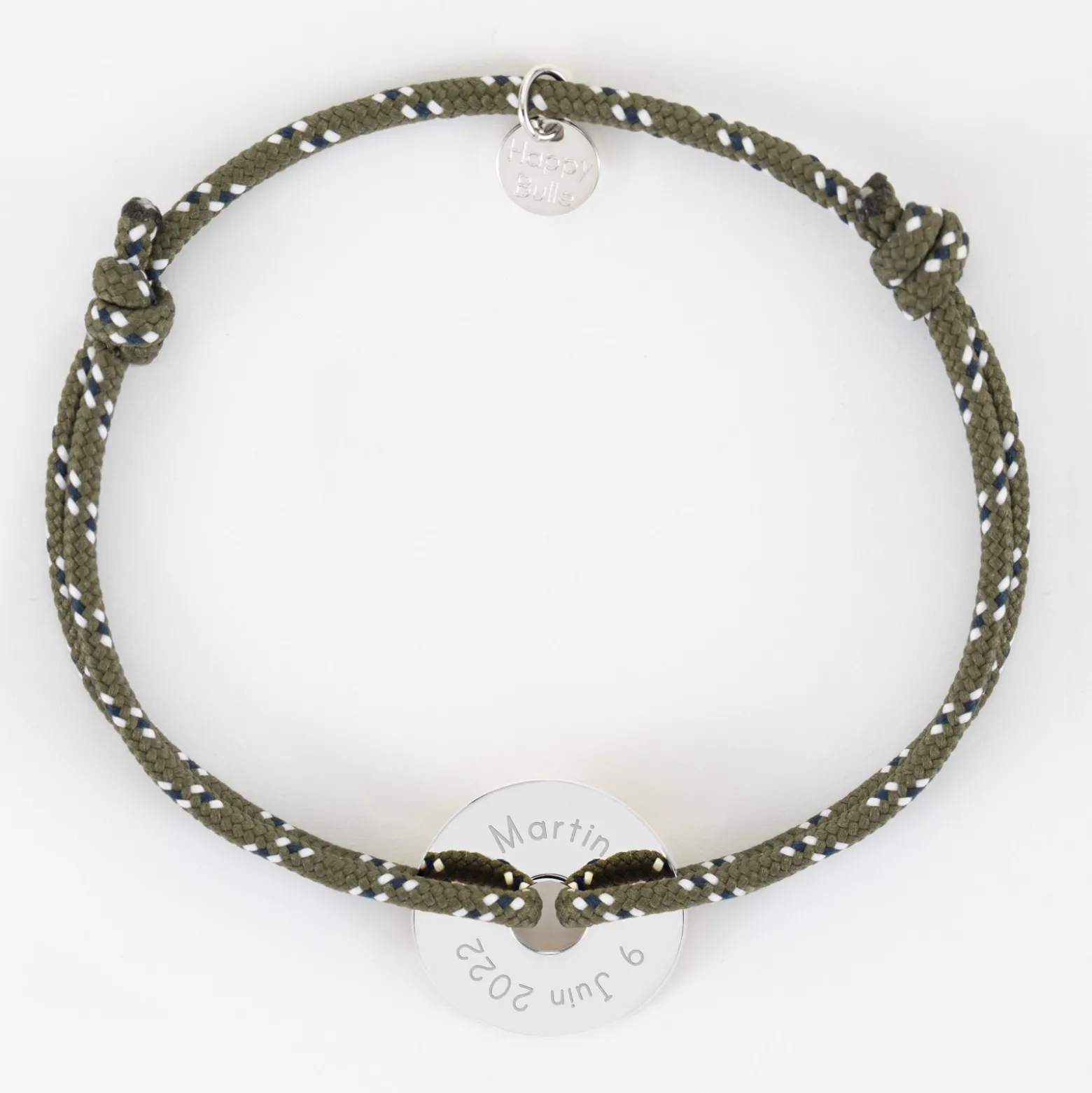 Bracelet homme personnalisé cordage marin simple médaille gravée argent cible 20 mm