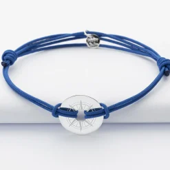 Bracelet homme personnalisé cordon double médaille gravée argent cible 20 mm - Edition spéciale Rose des vents