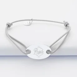 Bracelet homme personnalisé cordon simple médaille gravée argent ovale 2 trous 25x16 mm