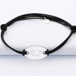 Bracelet homme personnalisé cordon doublé médaille gravée argent ovale 25x16 mm