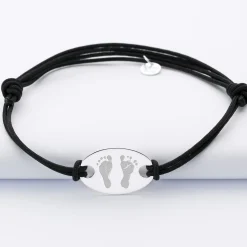 Bracelet homme personnalisé cordon doublé médaille gravée argent ovale 25x16 mm