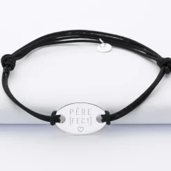 Bracelet homme personnalisé cordon doublé médaille gravée argent ovale 25x16 mm