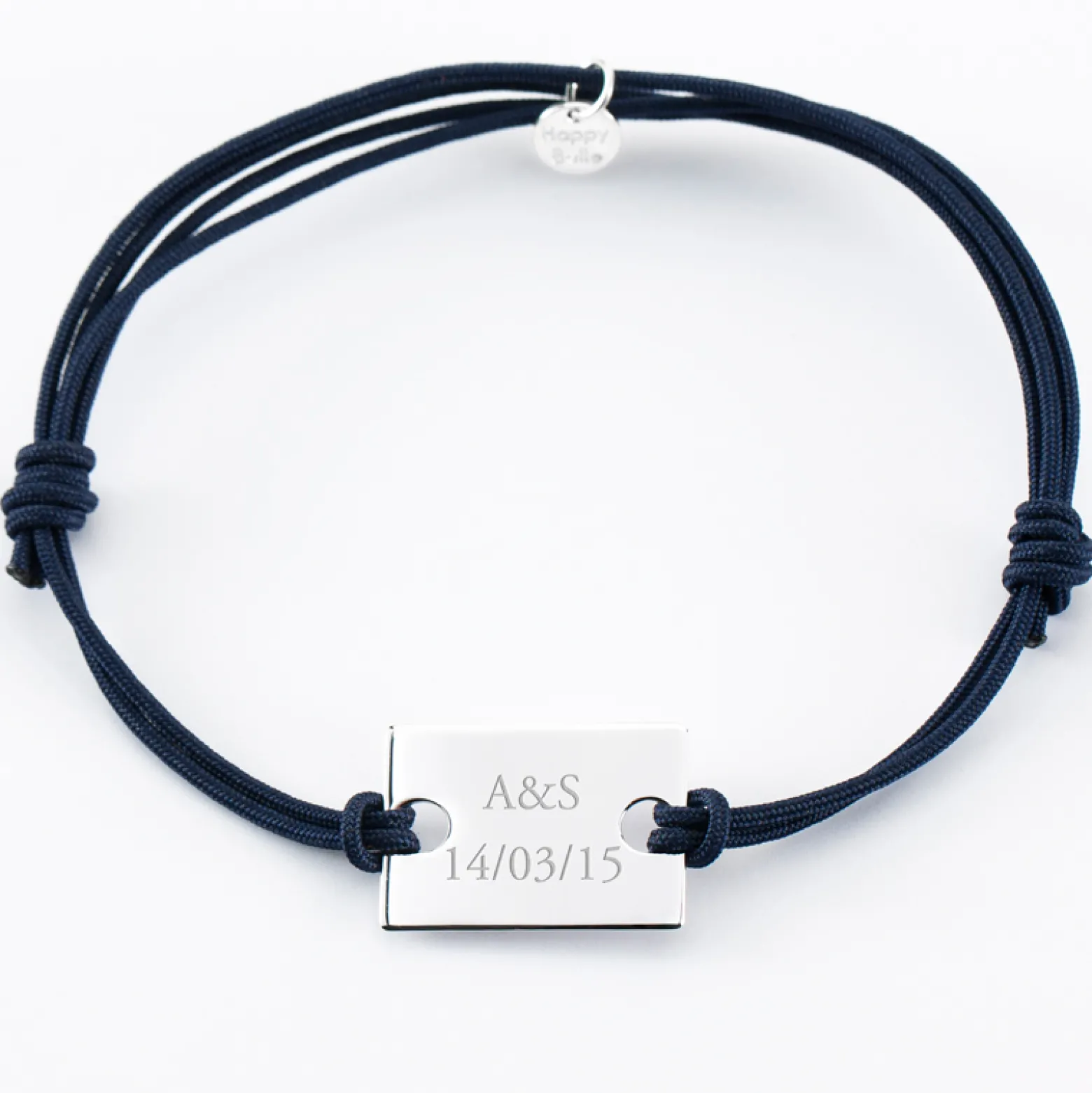 Bracelet homme personnalisé cordon doublé médaille gravée argent rectangle 23x16 mm - Nos petits imparfaits