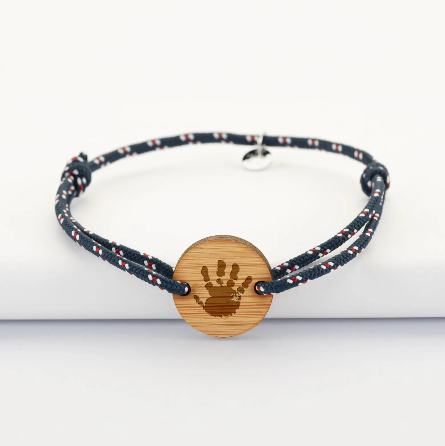 Bracelet homme personnalisé cordage marin simple médaille gravée bois ronde 2 trous 21 mm