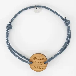 Bracelet homme personnalisé cordage marin simple médaille gravée bois ronde 2 trous 21 mm