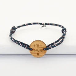 Bracelet homme personnalisé cordage marin simple médaille gravée bois ronde 2 trous 21 mm