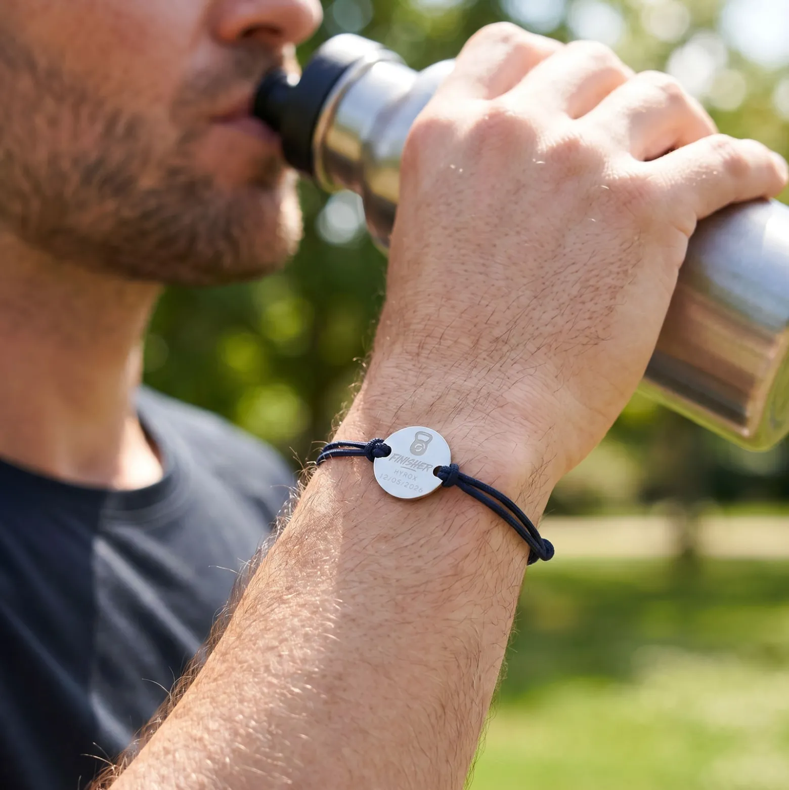Bracelet homme personnalisé cordon doublé médaille gravée argent 2 trous 20 mm - Edition spéciale "Finisher"