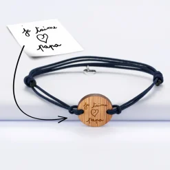 Bracelet homme personnalisé cordon double médaille gravée bois ronde 2 trous 21 mm
