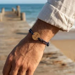 Bracelet homme personnalisé cordage marin simple médaille gravée bois ronde 2 trous 21 mm - Edition spéciale Marin