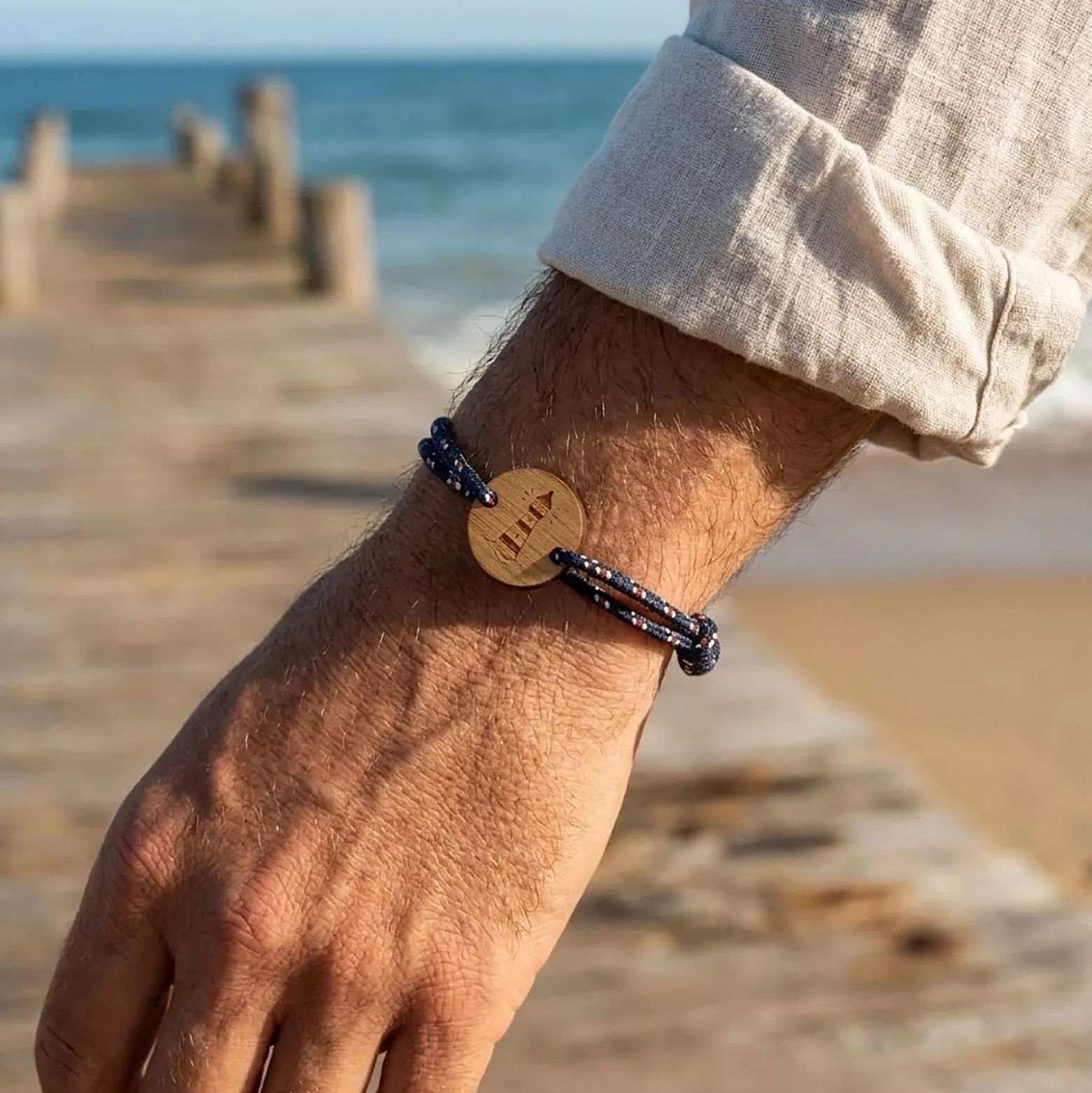 Bracelet homme personnalisé cordage marin simple médaille gravée bois ronde 2 trous 21 mm - Edition spéciale Marin