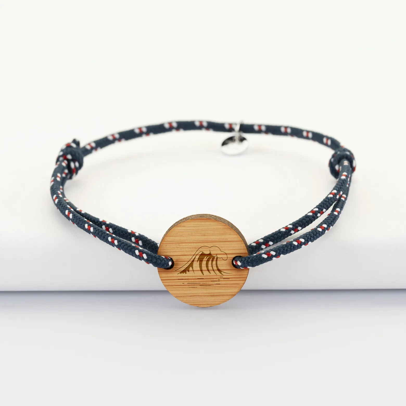 Bracelet homme personnalisé cordage marin simple médaille gravée bois ronde 2 trous 21 mm - Edition spéciale Marin