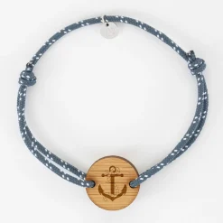Bracelet homme personnalisé cordage marin simple médaille gravée bois ronde 2 trous 21 mm - Edition spéciale Marin