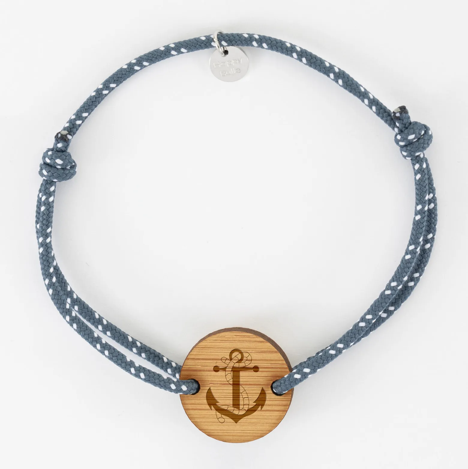 Bracelet homme personnalisé cordage marin simple médaille gravée bois ronde 2 trous 21 mm - Edition spéciale Marin