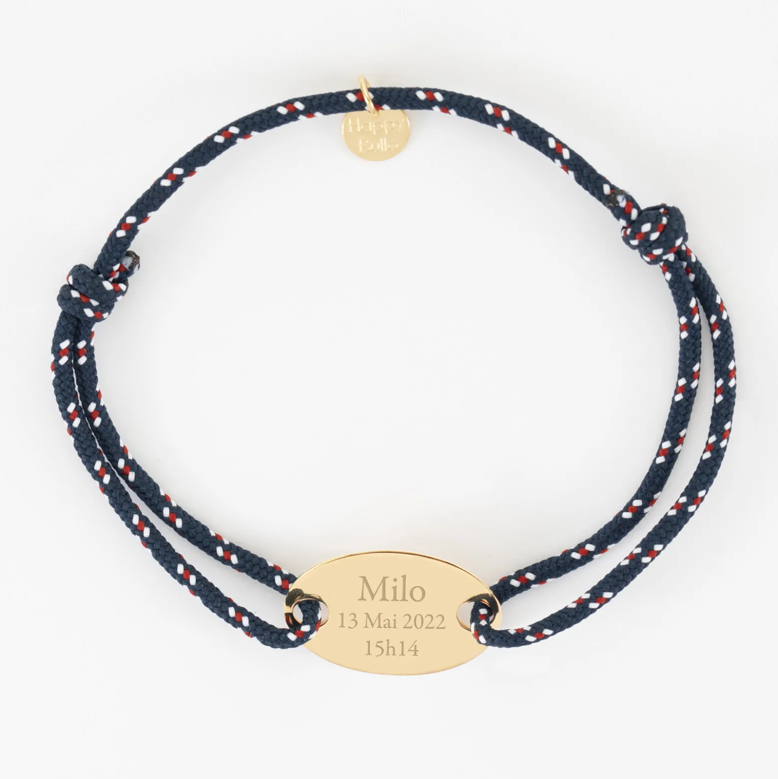 Bracelet homme personnalisé cordage marin simple médaille gravée plaqué or ovale 25x16 mm