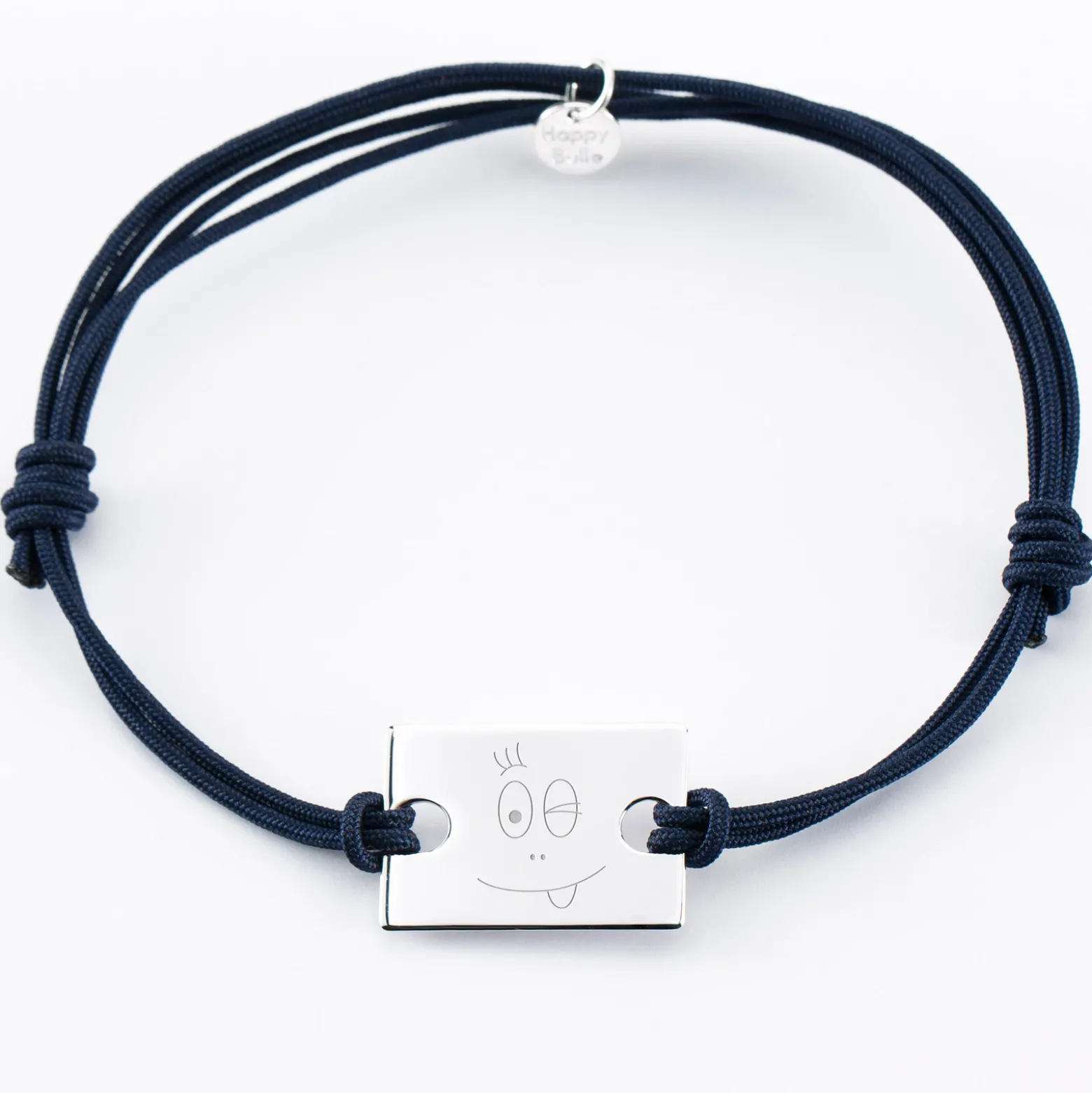 Bracelet homme personnalisé cordon doublé médaille gravée argent rectangle 23x16 mm - HappyBulle x Barbapapa