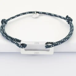 Bracelet homme personnalisé cordage marin simple médaille gravée acier rectangle évidé 32x14 mm