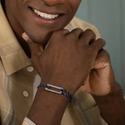 Bracelet homme personnalisé cordage marin simple médaille gravée acier rectangle évidé 32x14 mm