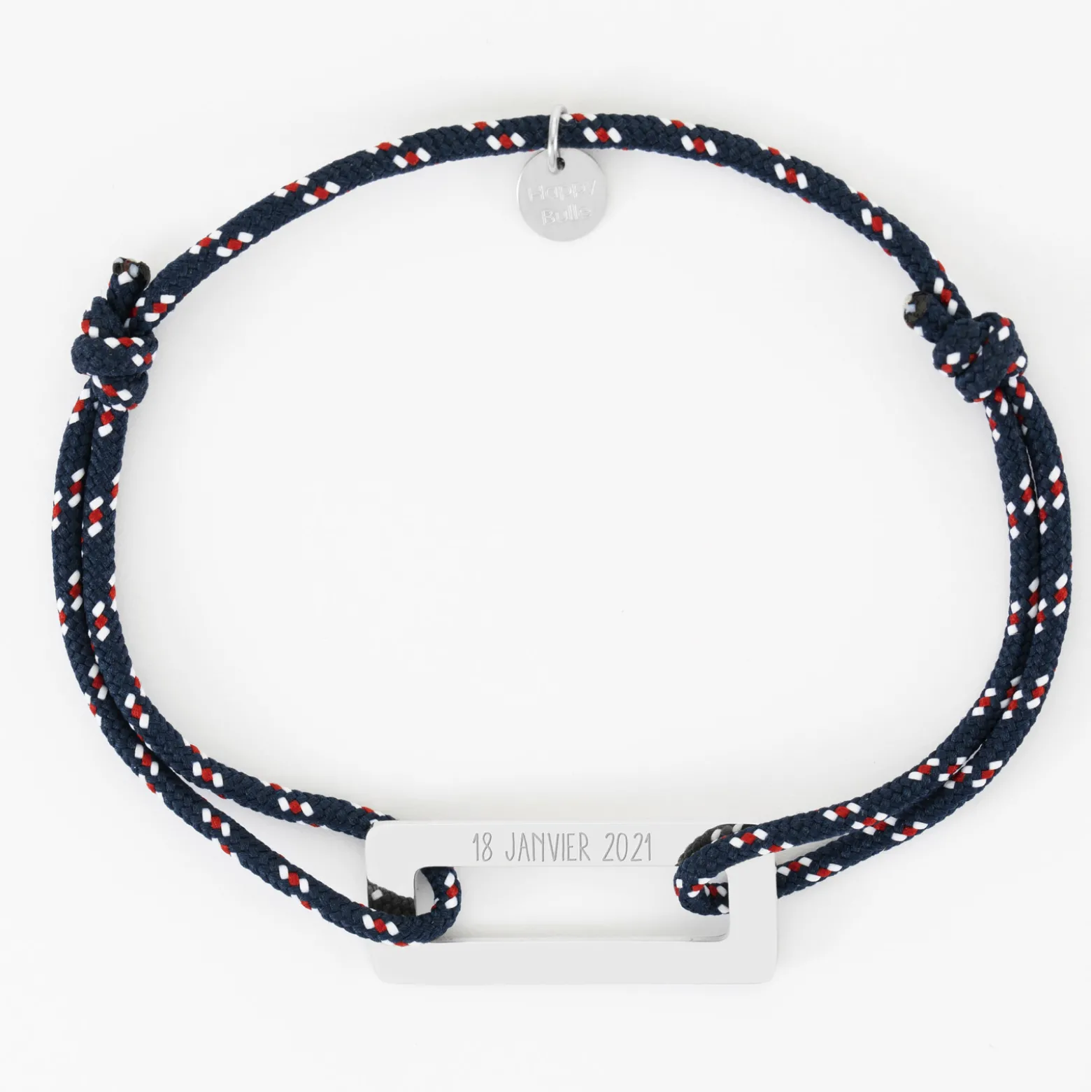 Bracelet homme personnalisé cordage marin simple médaille gravée acier rectangle évidé 32x14 mm