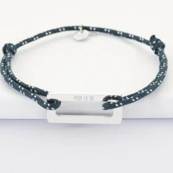 Bracelet homme personnalisé cordage marin simple médaille gravée acier rectangle évidé 32x14 mm