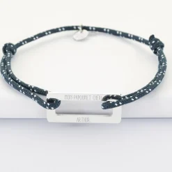 Bracelet homme personnalisé cordage marin simple médaille gravée acier rectangle évidé 32x14 mm