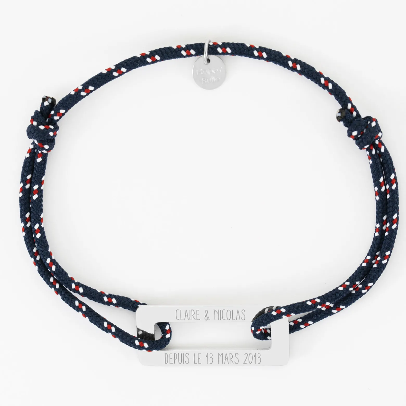 Bracelet homme personnalisé cordage marin simple médaille gravée acier rectangle évidé 32x14 mm