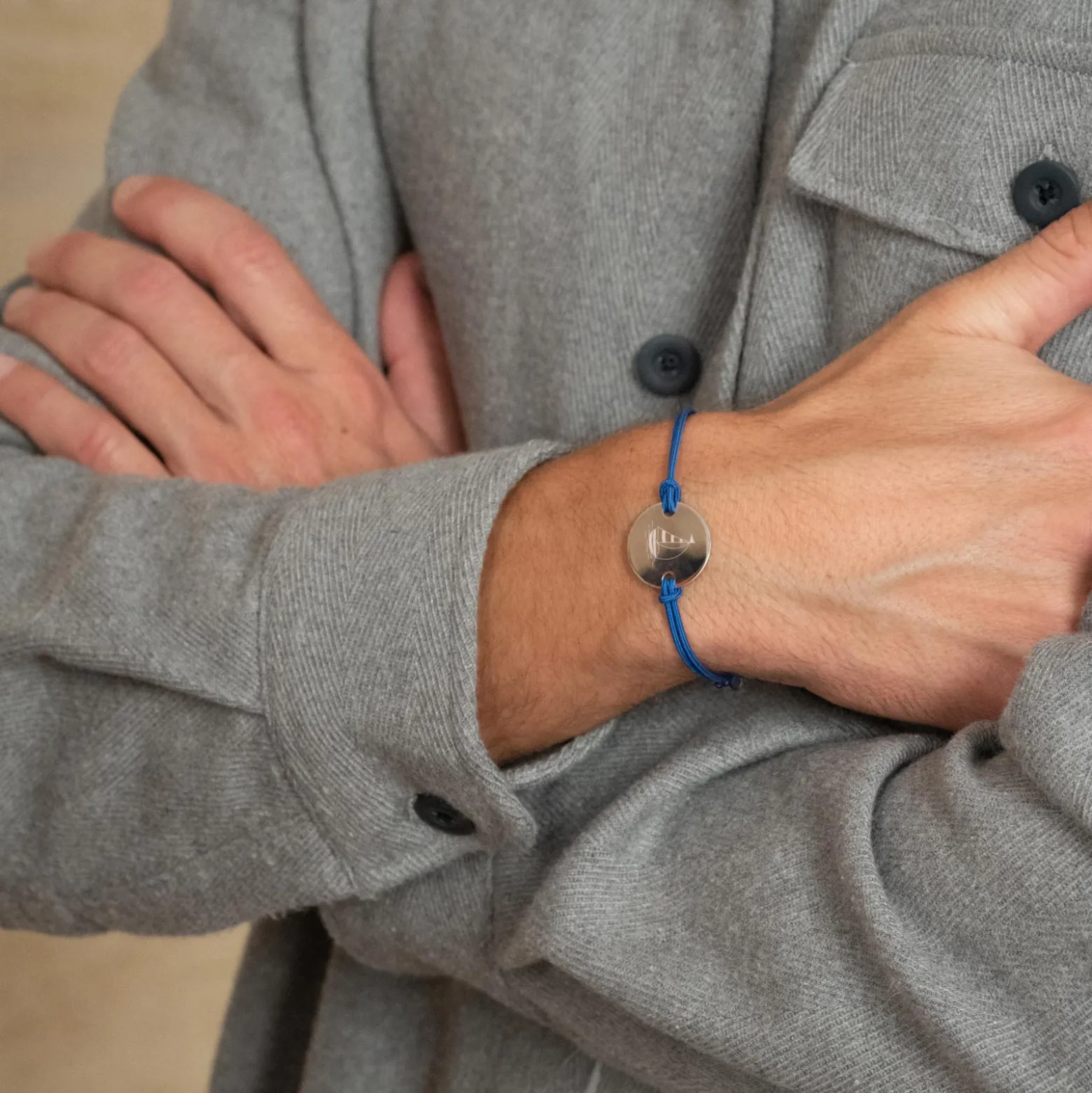 Bracelet homme personnalisé cordon doublé médaille gravée argent 2 trous 20 mm - Edition spéciale Marin